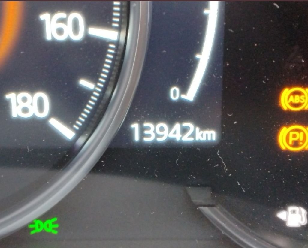 Instrument cluster showing 13,942 km with ABS and parking brake warning lights